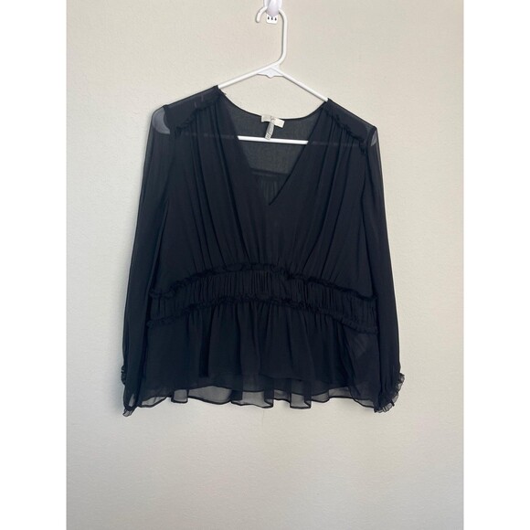 Joie Blouse Womens Small Black Silk Sheer Ruffle Peplum Long Sleeve Top - Picture 1 of 7